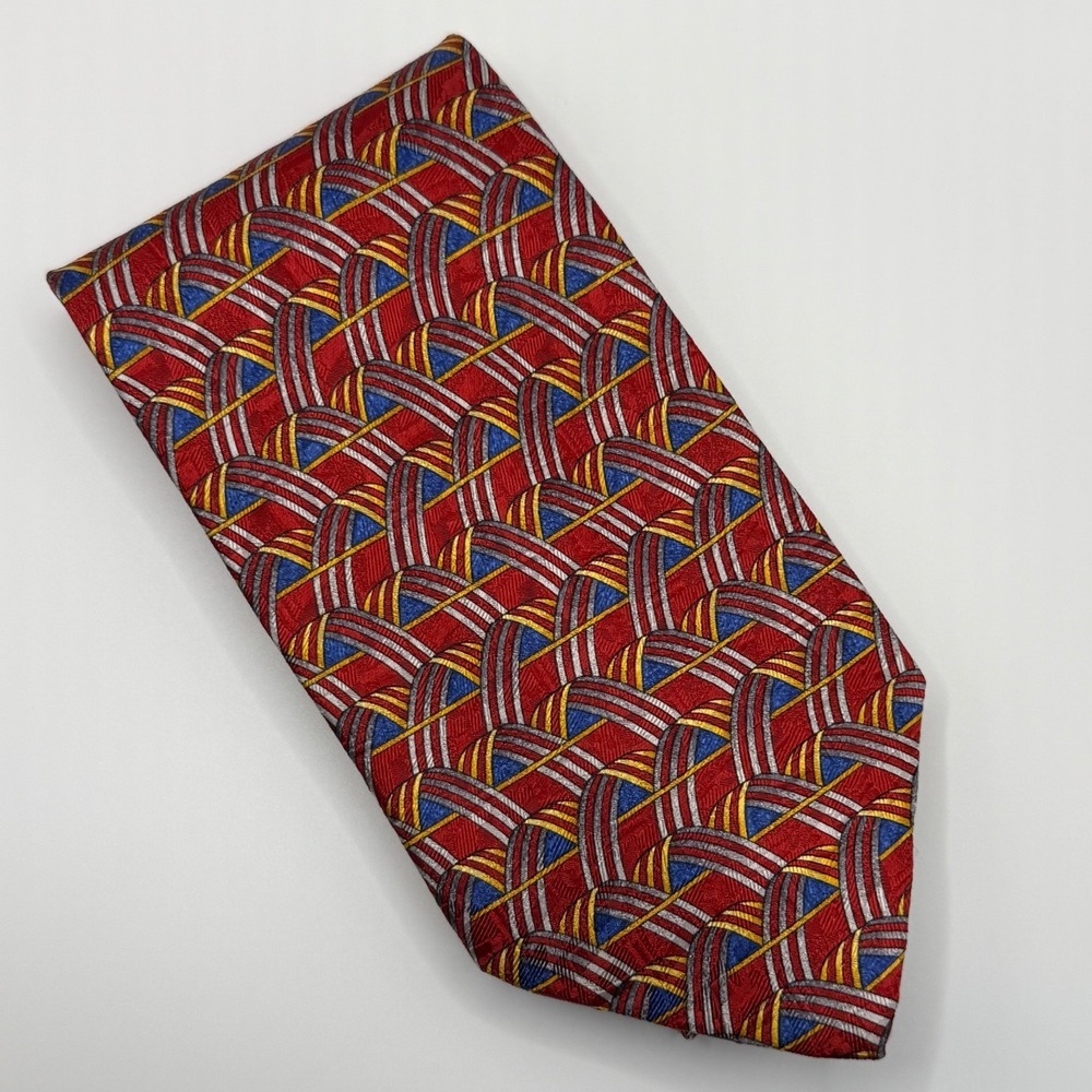 Ermenegildo Zegna Silk Tie OS Red Blue Geometric Basketweave Italian Luxury